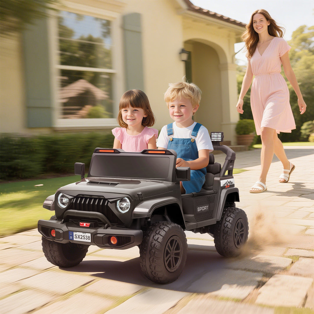 Ride on Truck Car with 2-Seater, 24V Electric Car with 4 Motors, Remote Control, Spring Suspension for 3-8 Years, Black