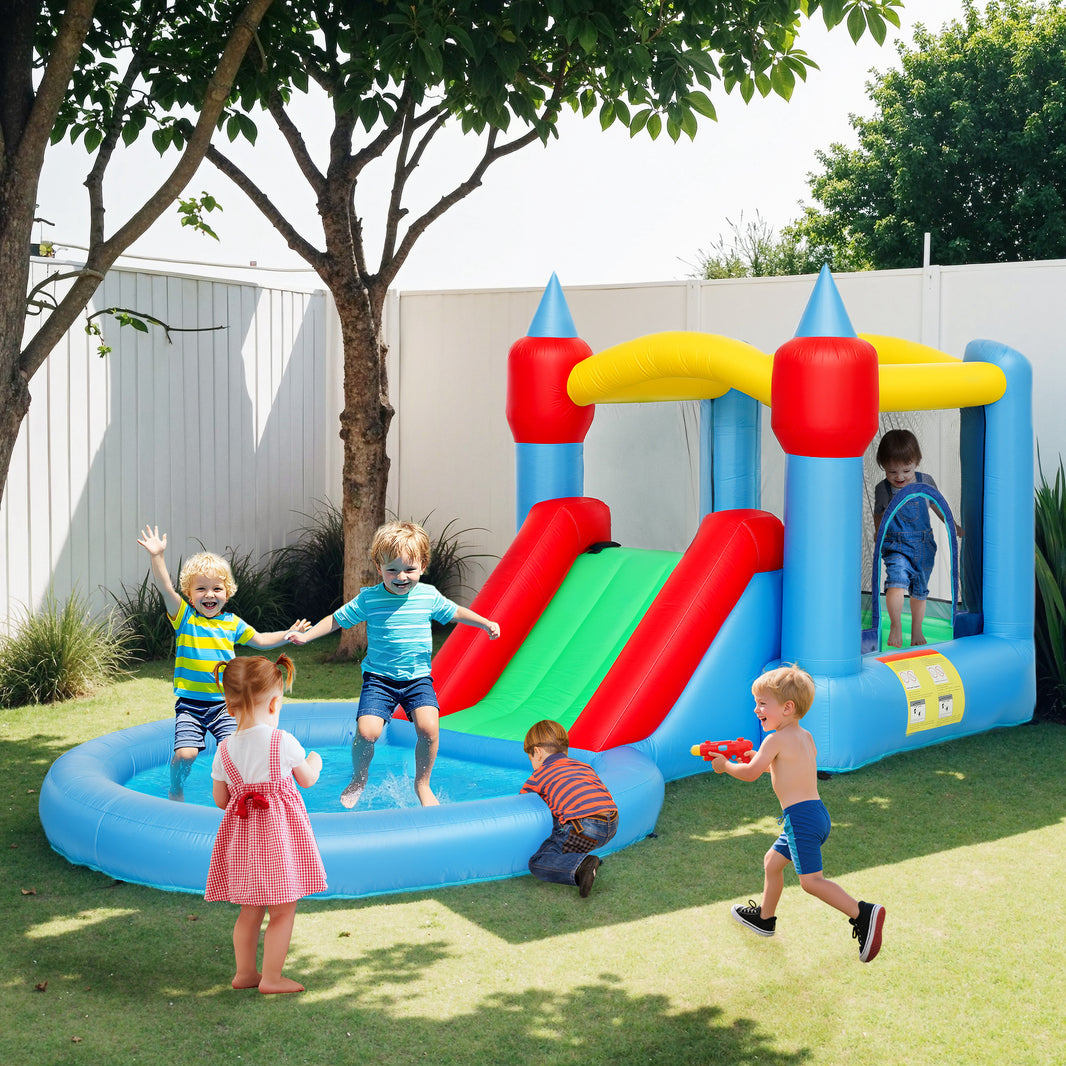 4 in 1 Inflatable Bounce House with Slide, Basketball Hoop, Ball Pit, 370W Blower, Storage Bag, 163" x 81" x 75"