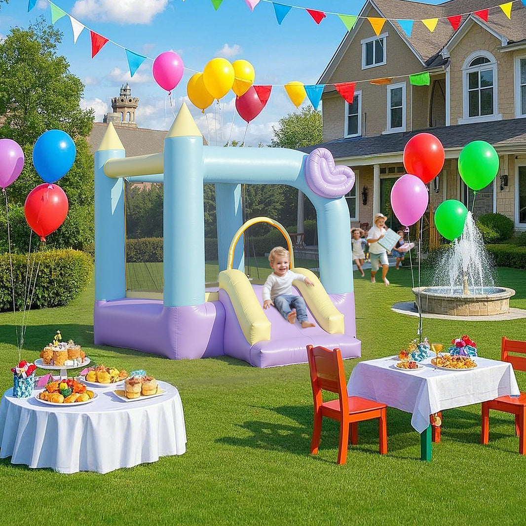 Inflatable Bounce House with Air Blower, Slide, Stakes, Repair Patches, Storage Bag, for Kids Ages 3-8, 98" x 65" x 79"