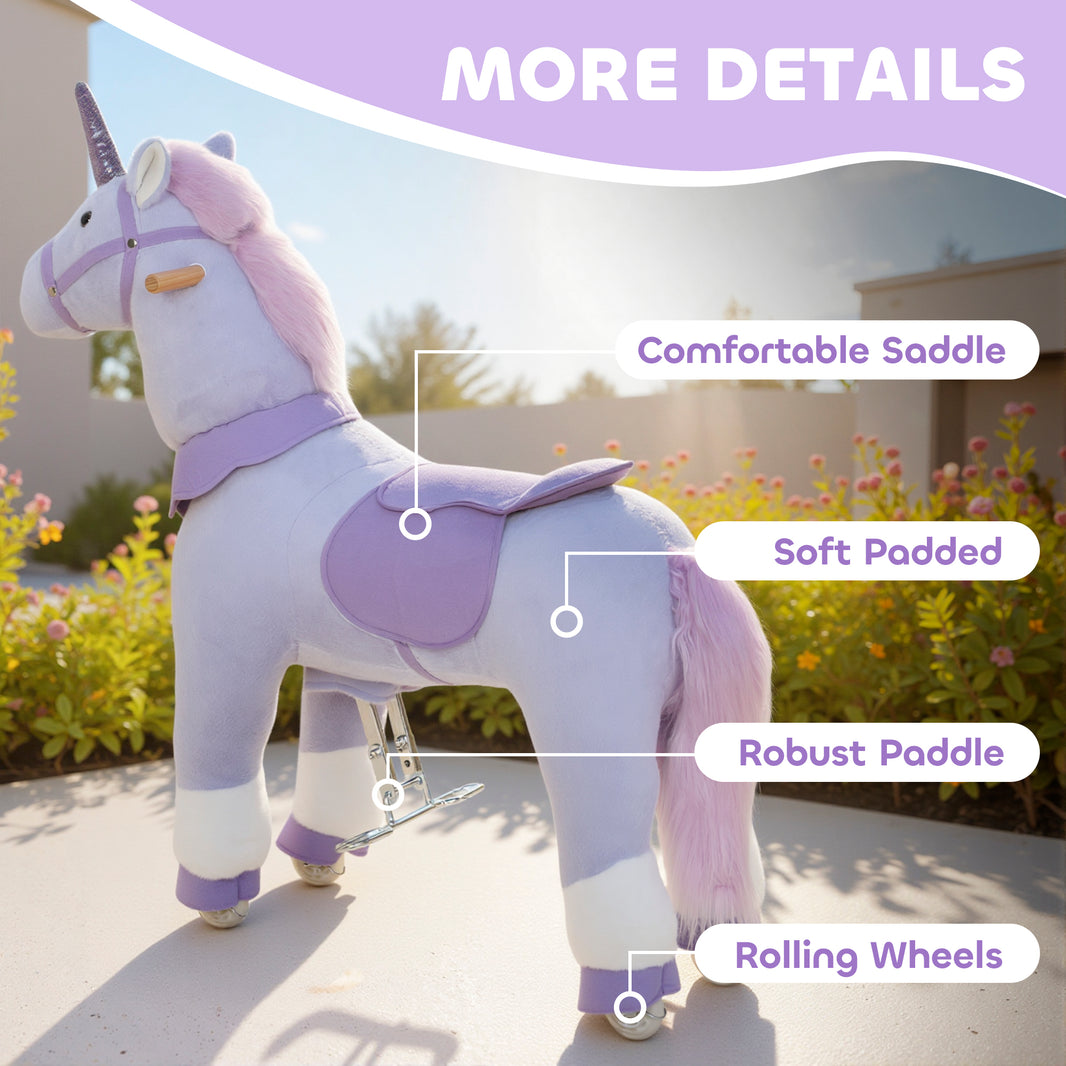 Ride on Unicorn Toy for Kids 4-7 Years, 37.8 Inch Plush Baby Rocking Horse with Wheels, No Battery Required, Purple