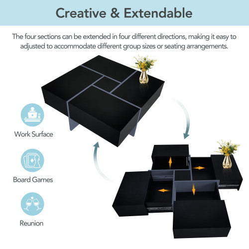 Unique Design Coffee Table With 4 Hidden Storage Compartments, Square Cocktail Table With Extendable Sliding Tabletop, UV High-gloss Design Center Table For Living Room