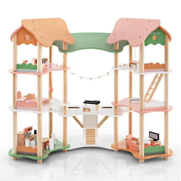 3-Tier Dollhouse With 7 Rooms & 31 Cute Furniture, MDF&Pine Wood Corner Design Kids Toy