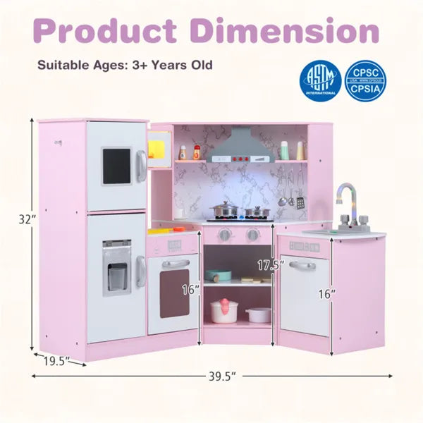 Interactive Kids Play Kitchen With Ice Maker & Chalkboard, Corner Design Pretend Cooking Set With Realistic Sound Effects-Pink