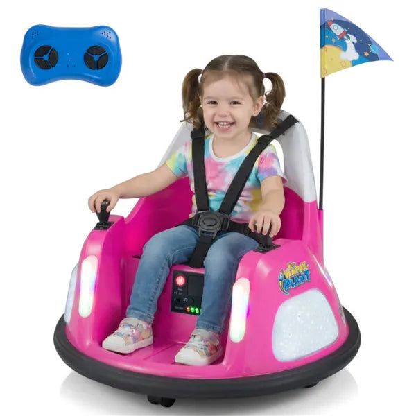 Pink 5-Point Seat Belt Kids Bumper Car With Flashing Lights & Music, Safe 0.7-1.2 MPH Ride-On Toy For Boys & Girls