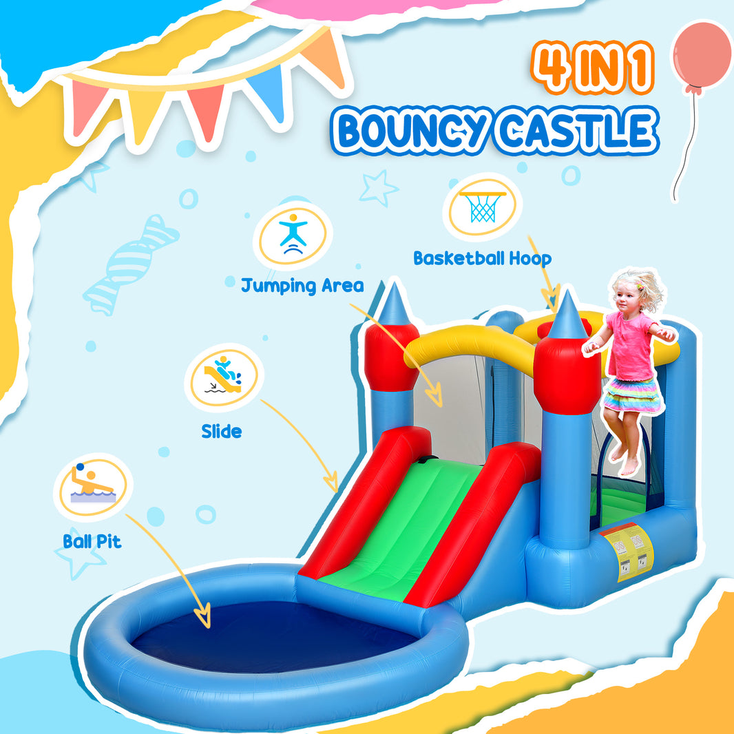 4 in 1 Inflatable Bounce House with Slide, Basketball Hoop, Ball Pit, 370W Blower, Storage Bag, 163" x 81" x 75"
