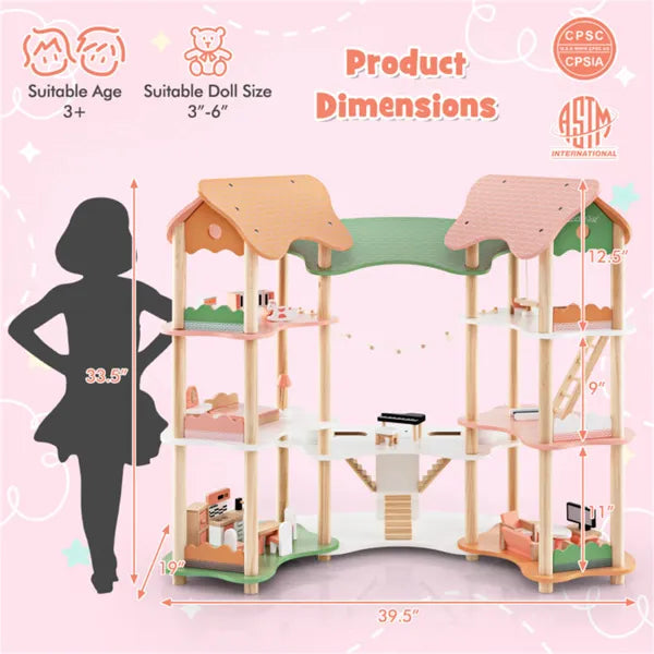 3-Tier Dollhouse With 7 Rooms & 31 Cute Furniture, MDF&Pine Wood Corner Design Kids Toy